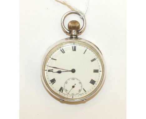 An engine-turned silver-cased open face pocket watch, the white enamel dial with Roman numerals and seconds subsidiary, 5cm d