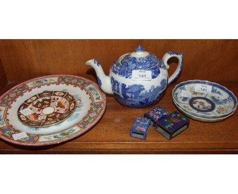 A Copeland Spode "Italian" blue and white teapot, 15cm high, (af), a cloisonné matchbox holder, two painted enamel match box 