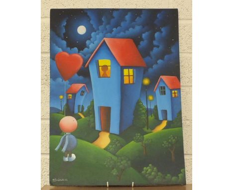 S Bateman, 'A figure and houses under a night sky', signed oil on art board, 59 x 42cm.