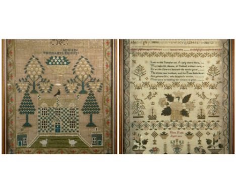 TWO EARLY 19TH CENTURY NEEDLEWORK SAMPLERS, one by Elizer Field dated April 1826 decorated with flowering urns, shrubs, insec
