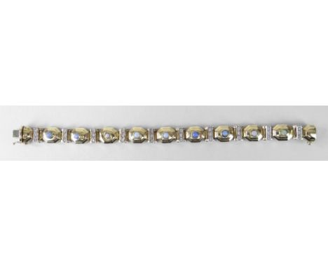 14K YELLOW GOLD LADIES BRACELET OF ALTERNATING OCTAGONAL OPAL MOUNTED TABLETS and tiny diamond set bars. 19.2cms long, 26 gra