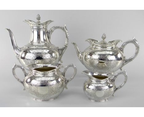 GOOD VICTORIAN FOUR-PIECE SILVER TEA & COFFEE SET, London 1888 by Frederick Elkington, with foliate pierced rims, beaded hand