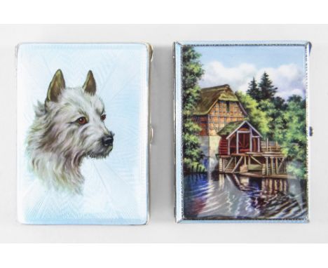 TWO SILVER & GUILLOCHE ENAMEL CIGARETTE CASES, one decorated with water mill, the other with dog, one marked 925, probably co