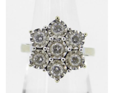 9CT YELLOW GOLD SEVEN STONE DIAMOND ILLUSION SET CLUSTER RING, 5.8 grams. #Condition Report: Appears in good overall conditio