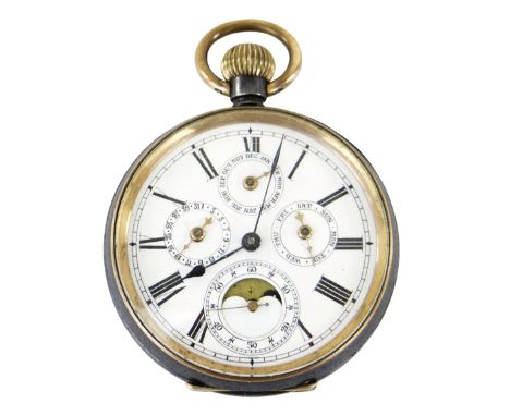 SWISS MADE GENTLEMEN'S PERPETUAL CALENDAR POCKET WATCH in blackened steel case, with moon phase, the movement numbered 6776, 