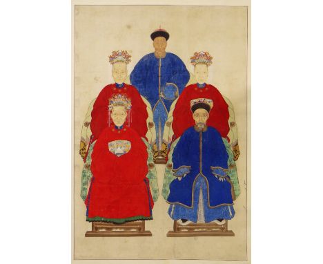 CHINESE SCHOOL 20th Century ink and watercolour on paper - ancestor portrait scroll depicting five seated male and female fig