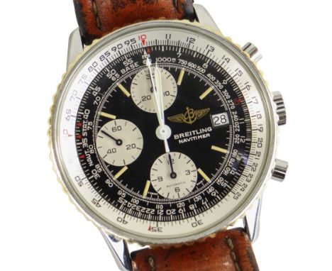 BREITLING NAVITIMER FIGHTERS EDITION STAINLESS STEEL CHRONOGRAPH WRISTWATCH, numbered to reverse '13565' with vintage leather