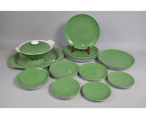 A Part Poole Green Glazed Service to Comprise Lidded Tureen and Four Segmented Dish, Eight Large Plates, Ten Side Plates and 