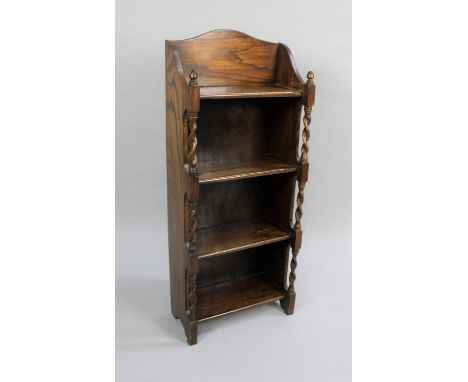 An Edwardian Oak Four Shelf Open Bookcase, Barley Twist Pilasters and Galleried Top, 40cms Wide and 97cms High 