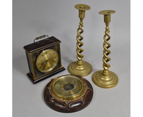 A Pair of Brass Spiral Candlesticks, a Late Victorian/Edwardian Oak Cased Wall Barometer with Brass Face and a Metamec Mantle