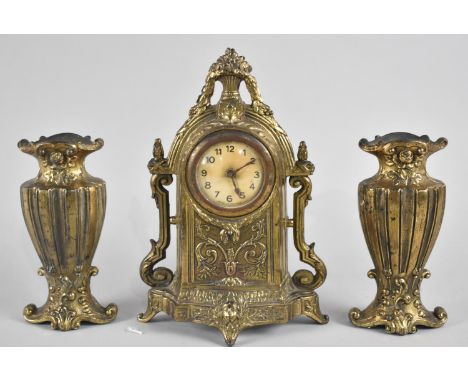 A Mid 20th Century Brass Clock Garniture with Clockwork Movement in Need of Attention, 21cms High 