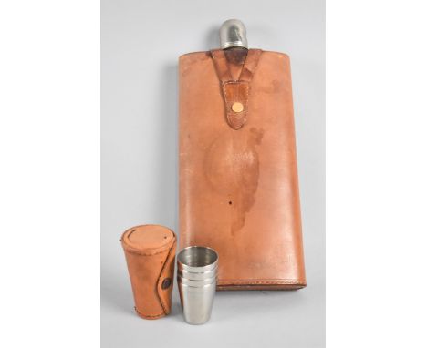 An Early/Mid Leather Cased Tall Flask Monogrammed GMM together with a Set of Four Silver Plated Spirit Tots 