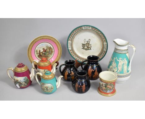 A Collection of Various 19th Century Prattware etc to Comprise Teapots, Jugs and Plates, Various Condition Issues 