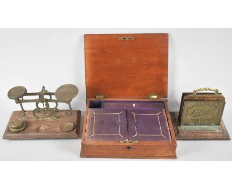 A Set of Edwardian Postage Scales for Restoration, A Two Division Oak and Brass Letter Rack and a Work Box for Repair 