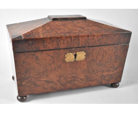 A 19th Century Burr Walnut Two Division Tea Caddy of Sarcophagus Form, Hinged Lid (AF) to Fitted Interior but Missing Tea Box