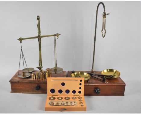 Two Late 19th/Early 20th Century Mahogany Pan Scales on Plinth Bases with Single Drawers Containing Weights and Accessories, 