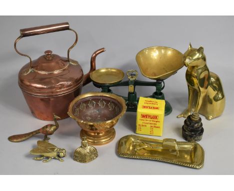 A Collection of Metalwares to Comprise Copper Kettle, Heavy Brass Cat Ornament, Salter Scales and Weights etc 