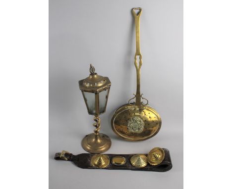 A Collection of Late 19th and Early 20th Century Brass to include Chestnut Roaster, Victorian Horse Brasses and a Later Lante