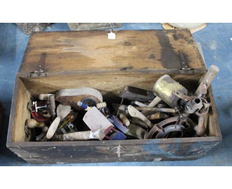 A Vintage Wooden Toolbox Containing Various Tools, Blow Torch, Manual Hand Drill, Hammers etc, 76cm Wide 