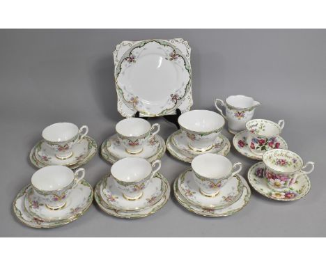 A Royal Stafford Tea Set Decorated with Gilt and Floral Swag Trim To Comprise Six Saucers, Six Side Plates, Five Cups, Milk J