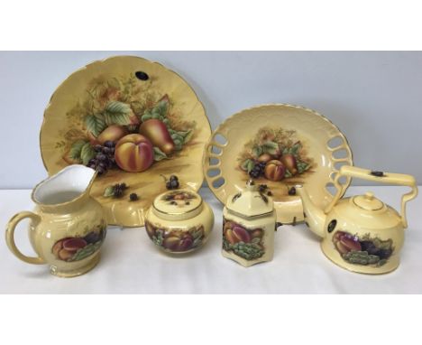 6 pieces of "Orchard Gold" pattern Aynsley ceramics. Comprising: boxed 10" Gold Crocus wall plate, boxed lidded kettle, Casca