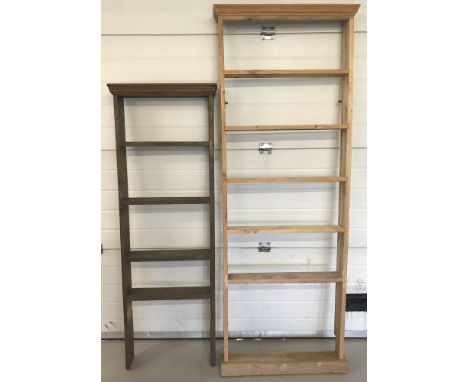 2 handmade pine wall hanging shelving units. Suitable for garage/shed storage. Largest shelf unit 197cmtall x 72cm wide x 11c