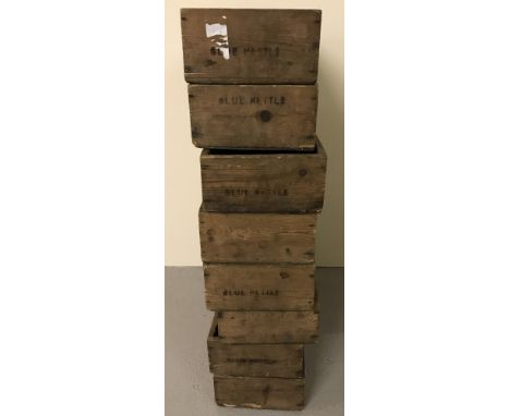8 vintage light wood boxes with 'Blue Kettle' pyrography to ends. Interior slots for dividing compartments are present. 