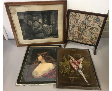 3 vintage framed pictures together with a wooden framed embroidered fire screen. Glass to 2 items a/f. 