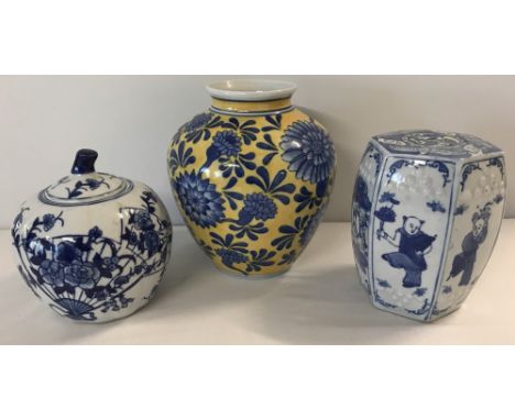 3 oriental ceramic items to include a blue and white lidded pumpkin jar with fan decoration and a hexagon shaped stand with c