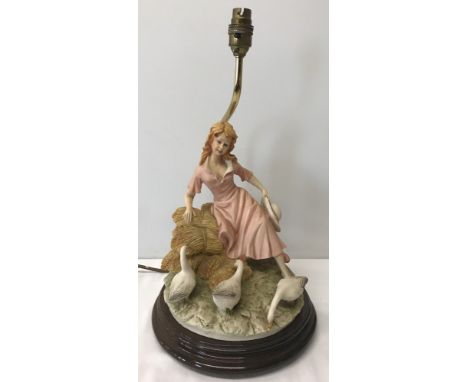 A heavy modern resin figurine lamp base of a girl with geese, mounted on wooden plinth. With brass feet and fixings. Approx. 