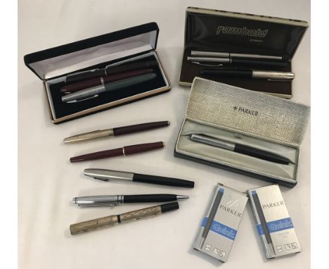 A collection of vintage fountain pens, some with 14ct nibs, one with 14ct gold filled case. To include Parker, Shaeffer and P