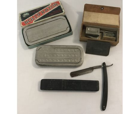A small collection of assorted vintage shaving items to include cased cut throat razor. Case marked R.T. Plum Cutler, Bristol