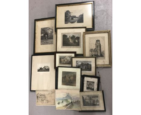 A collection of vintage framed and glazed prints, etchings, photographs and watercolours.  
