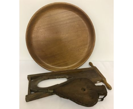 A quantity of vintage wooden items comprising: a pair of vintage wooden &amp; leather bellows. Together with a vintage wooden