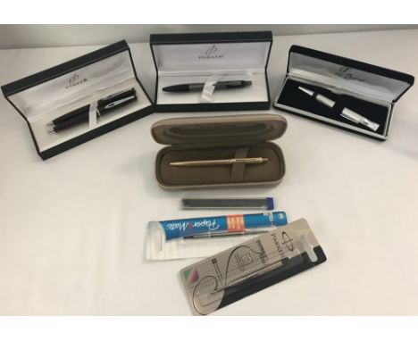 3 boxed pens together with a boxed pen &amp; pencil set.&nbsp;Comprising Silver tone Oliver Pascal ball point pen, Sheaffer g