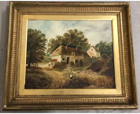 A vintage gilt framed oil on canvas, signed G. Butler 1903 depicting a rural cottage scene.  Approx. 39.5cm x 49.5cm.