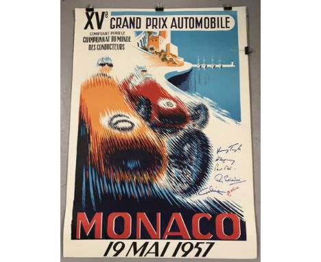 A signed 1983 reprint of 1957 Monaco Grand Prix poster featuring 5 signatures from drivers.&nbsp;Poster dated verso with copy