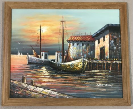 Max Savy? Signed oil on board painting depicting boats in a harbour at sunset. Signature to lower right. Light wood frame. Ap