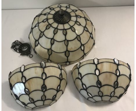A Tiffany style leaded glass ceiling light shade with 2 matching half circular wall light shades.  