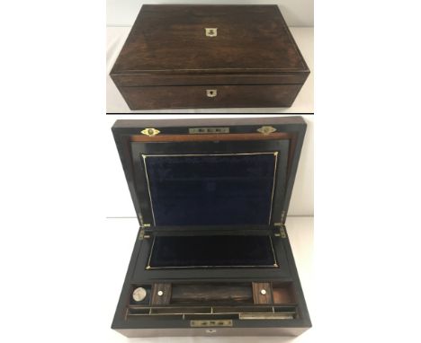 Antique rosewood writing slope with inlaid Mother of pearl cartouche to lid engraved with initials. Box has blue velvet inter