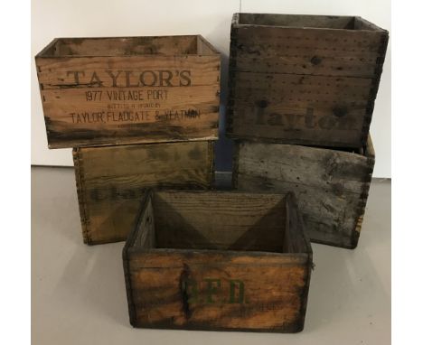 5 vintage wooden advertising crates. Comprising 3 Clayton, 1 B.F.D. and 1 Taylors port. 