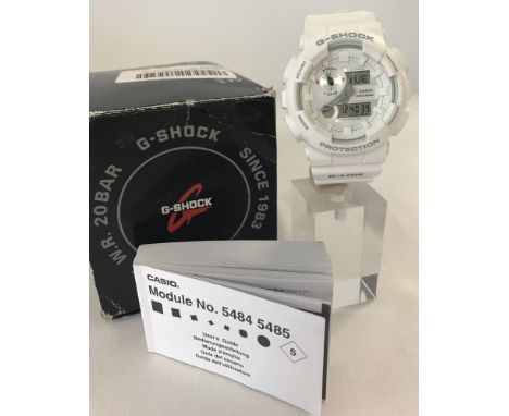 A men's Casio G -Shock Protection wristwatch with white plastic strap. Water resistant 20BAR. Digital and analogue display, M