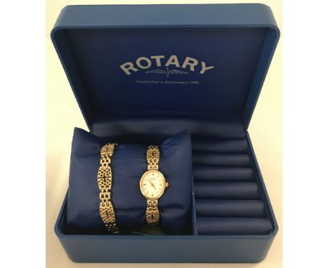 A boxed ladies gold tone wristwatch and bracelet set by Rotary. Comes in original watch/jewellery box with extra links and in