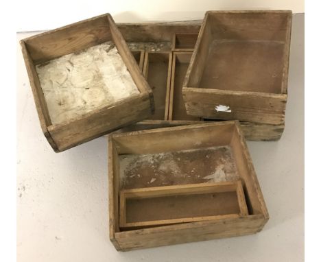 A collection of assorted vintage light wood boxes in various sizes.  Largest Approx. 63cm x 43cm x 8cm