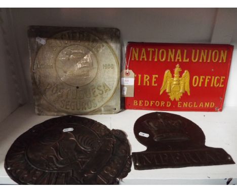 Four vintage reproduction tin fire insurance marks comprising Bedford, Portuguesa, Liverpool & London and Imperial 