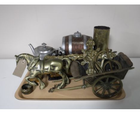 A tray containing brass crucifix, brass shire horse and cart, ammunition shell casing, plated ware, a whiskey barrel on stand