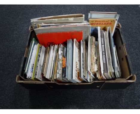 A box of mid 20th century and later practical wireless magazines, ordnance survey maps, rugby league programmes, Ima journals