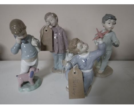 Four Nao figures of boys, including boy with Teddy bear and boy with aeroplane etc (4)