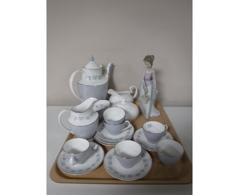 A tray of fifteen piece Royal Doulton Lyric tea service, Aynsley Belleek basket ware, coffee pot, milk jug and sugar basin 