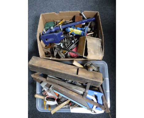 Two boxes of assorted hand tools, bottle jack, pipe bender etc 